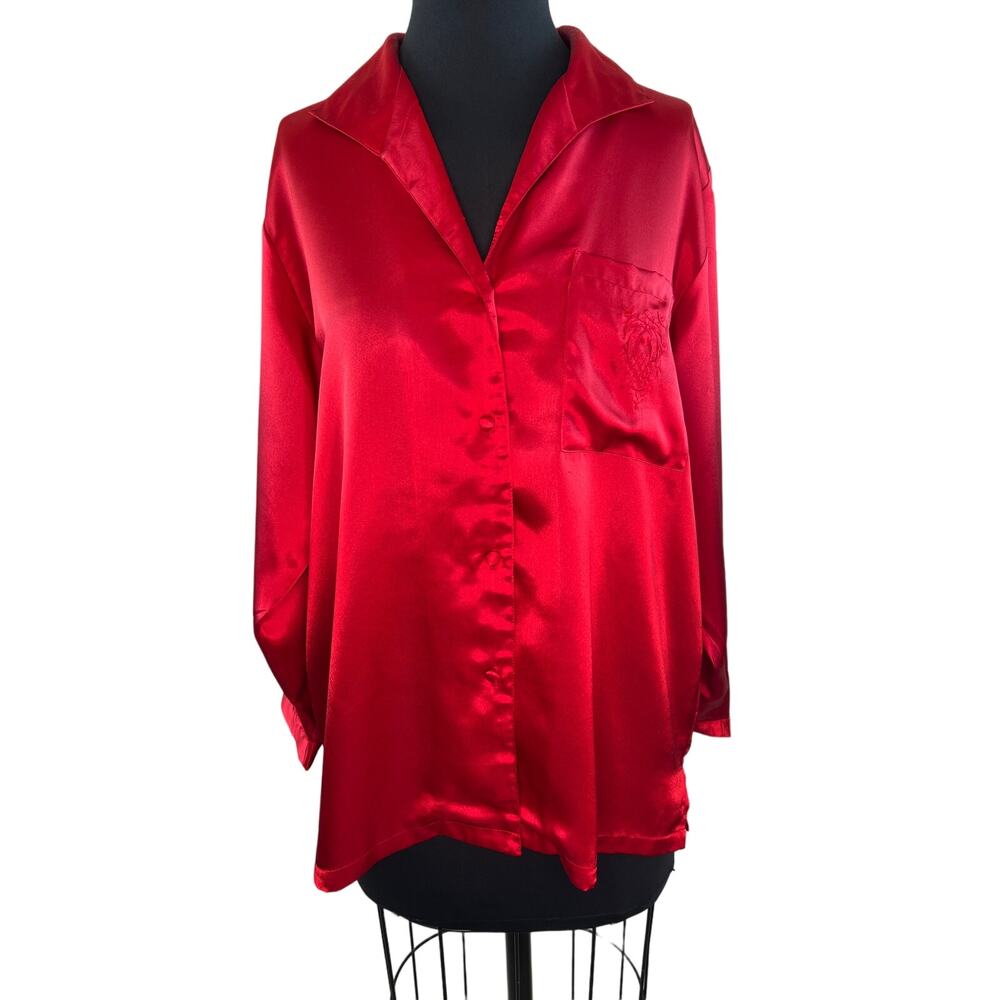 VINTAGE Victoria's Secret Red Satin Long Sleeve Button Down Pajama Top Sz S VTG